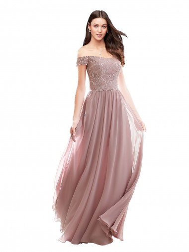 Boutique Rose 147 Trapèze Épaule Dénudée Mousseline Dentelle Longue Robes demoiselle d'honneur