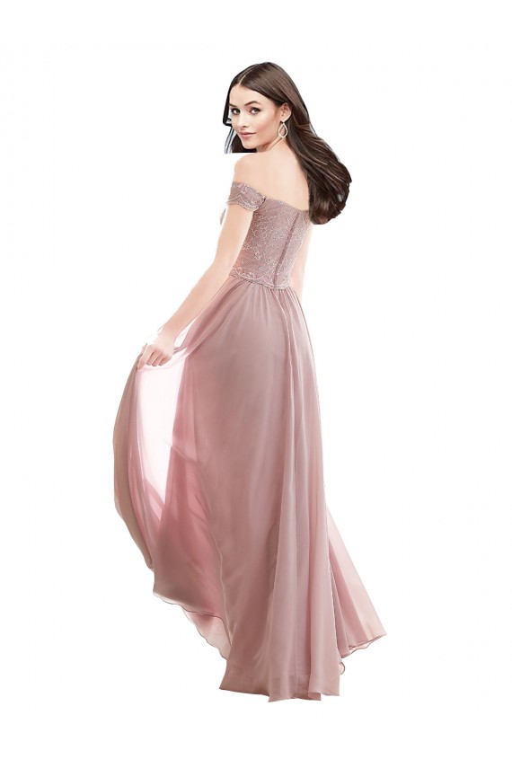 Boutique Rose 147 Trapèze Épaule Dénudée Mousseline Dentelle Longue Robes demoiselle d'honneur