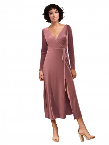 Boutique Rose Cannelle Trapèze Col V midi Velours Stretch Courte Robes demoiselle d'honneur / Robes de bal