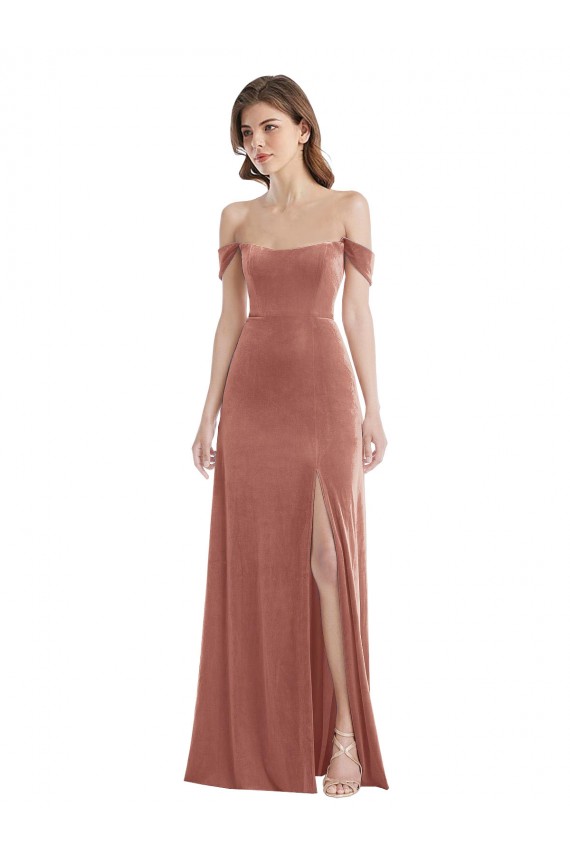 Boutique Rose Cannelle Trapèze Épaule Dénudée Velours Stretch Longue Robes demoiselle d'honneur / Robes de bal