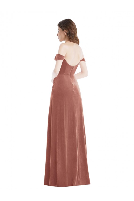 Boutique Rose Cannelle Trapèze Épaule Dénudée Velours Stretch Longue Robes demoiselle d'honneur / Robes de bal