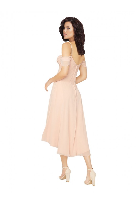 Boutique Rose Glacé Trapèze Col Carré midi Mousseline Courte Asymétrique Robes demoiselle d'honneur