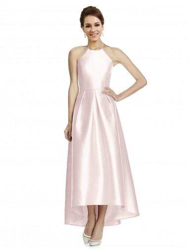Boutique Rose Trapèze Bretelles spaghetti Satiné Longue Asymétrique Robes demoiselle d'honneur