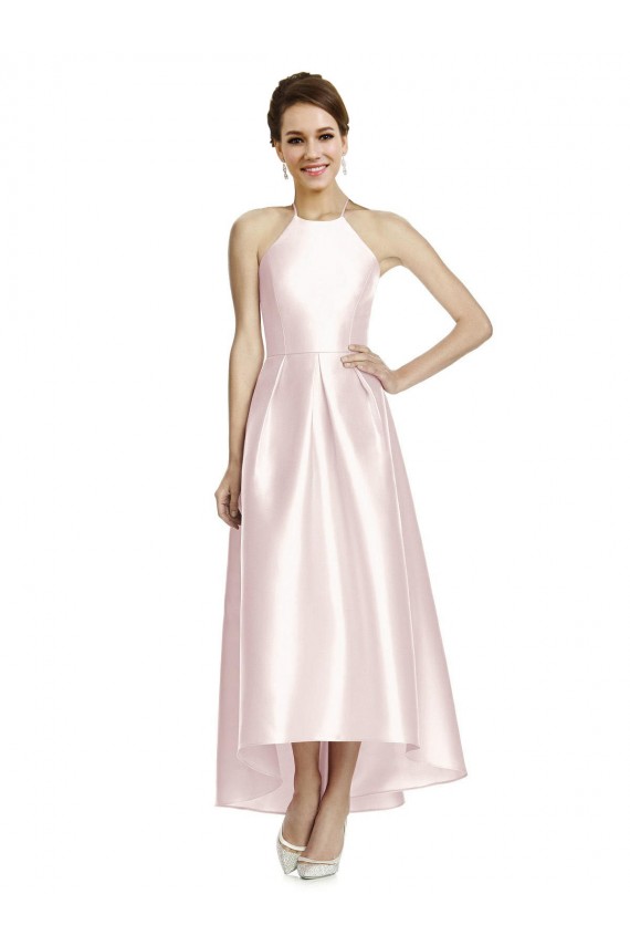 Boutique Rose Trapèze Bretelles spaghetti Satiné Longue Asymétrique Robes demoiselle d'honneur