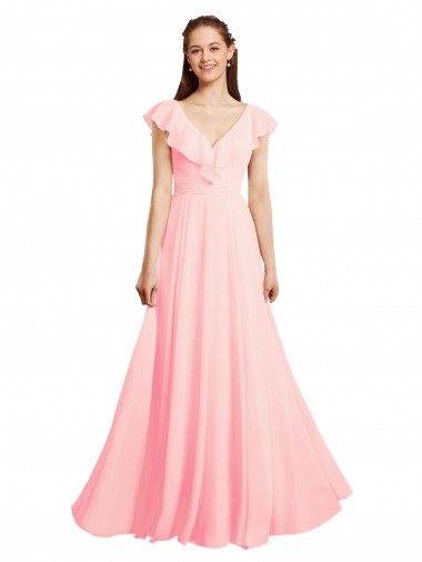 Boutique Rose Trapèze Col V Mousseline Longue Robes demoiselle d'honneur