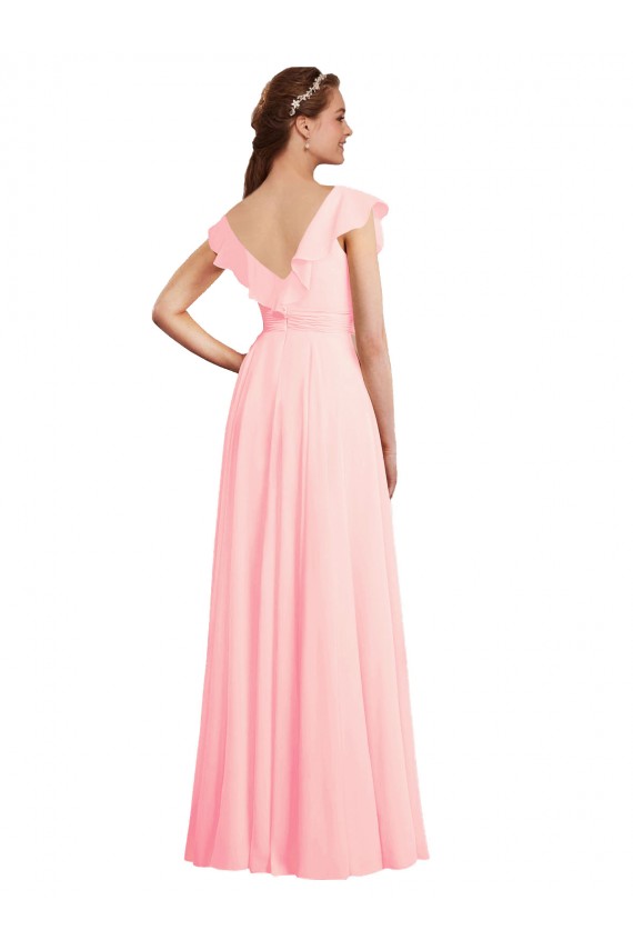 Boutique Rose Trapèze Col V Mousseline Longue Robes demoiselle d'honneur