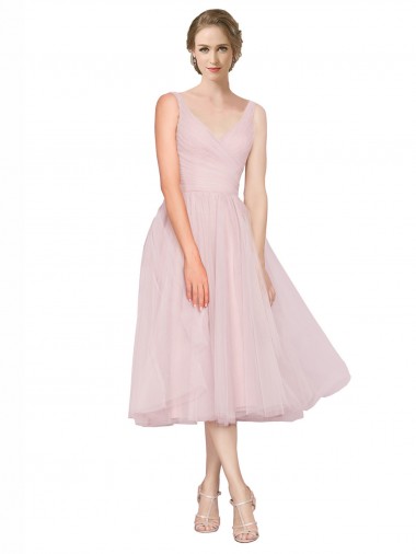 Boutique Rose Trapèze Col V Tulle Courte Robes demoiselle d'honneur / Robes de cocktail