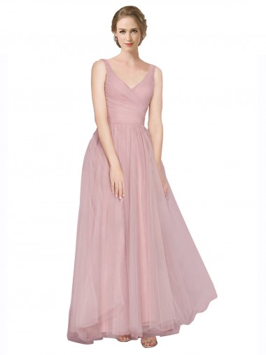 Boutique Rose Trapèze Col V Tulle Longue Robes demoiselle d'honneur