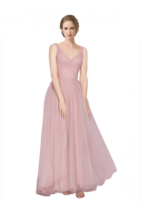 Boutique Rose Trapèze Col V Tulle Longue Robes demoiselle d'honneur