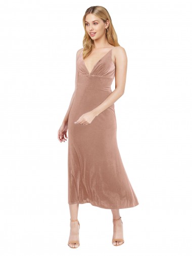 Boutique Rose Trapèze Col V midi Velours Stretch Courte Robes demoiselle d'honneur / Robes de bal / Robes de cocktail