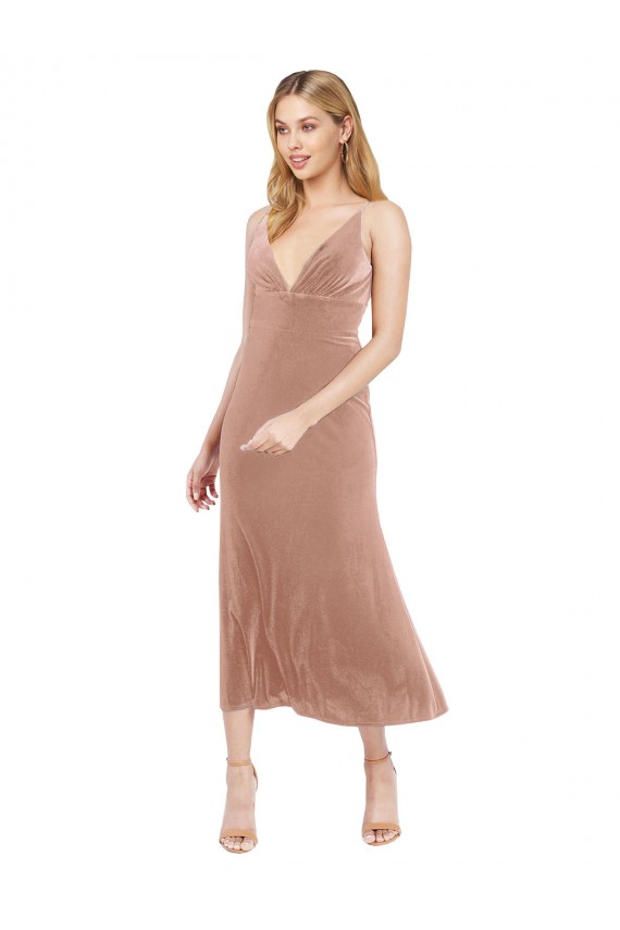 Boutique Rose Trapèze Col V midi Velours Stretch Courte Robes demoiselle d'honneur / Robes de bal / Robes de cocktail