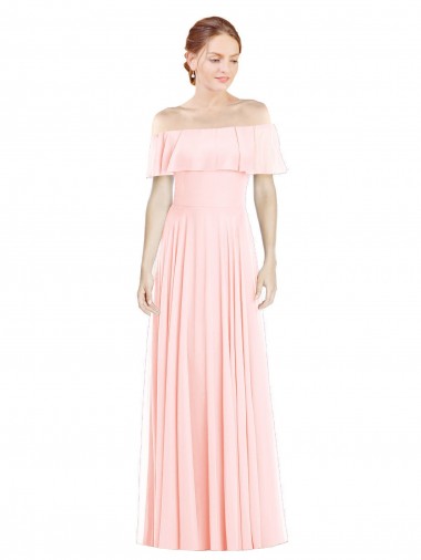 Boutique Rose Trapèze Épaule Dénudée Col Carré Mousseline Longue Robes demoiselle d'honneur