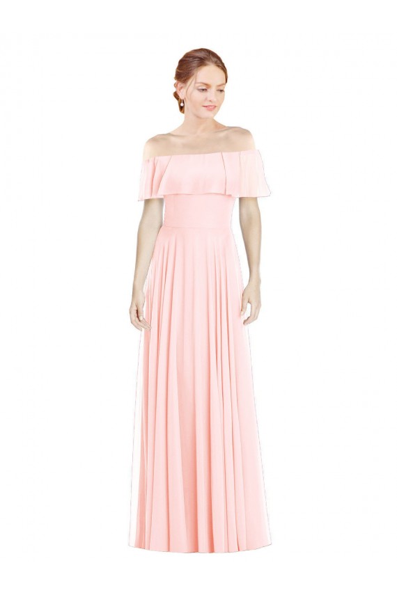 Boutique Rose Trapèze Épaule Dénudée Col Carré Mousseline Longue Robes demoiselle d'honneur