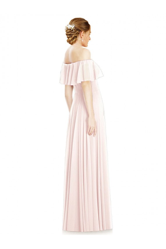 Boutique Rose Trapèze Épaule Dénudée Col Carré Mousseline Longue Robes demoiselle d'honneur