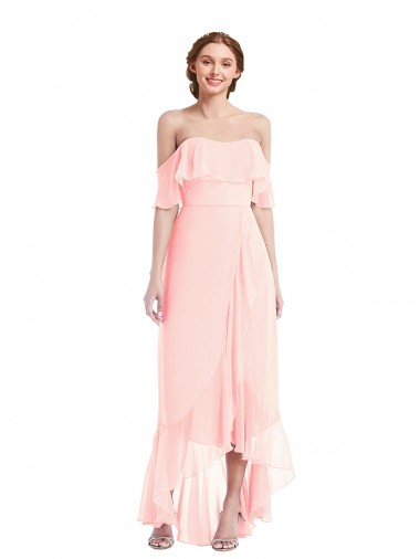 Boutique Rose Trapèze Épaule Dénudée Mousseline Longue Asymétrique Robes demoiselle d'honneur