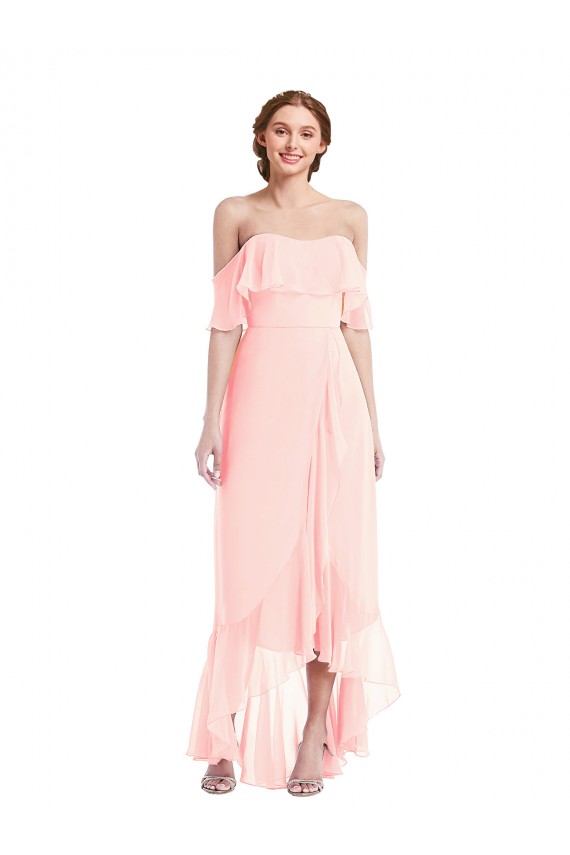 Boutique Rose Trapèze Épaule Dénudée Mousseline Longue Asymétrique Robes demoiselle d'honneur