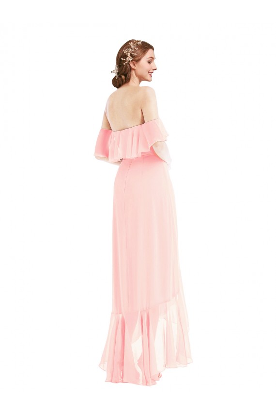 Boutique Rose Trapèze Épaule Dénudée Mousseline Longue Asymétrique Robes demoiselle d'honneur