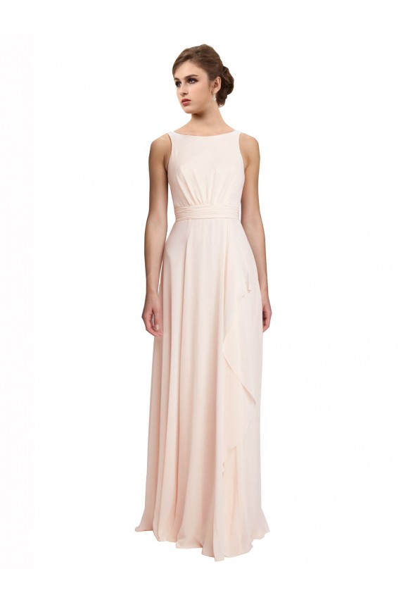 Boutique Rose crème Trapèze Bateau Col Haut Mousseline Longue Robes demoiselle d'honneur