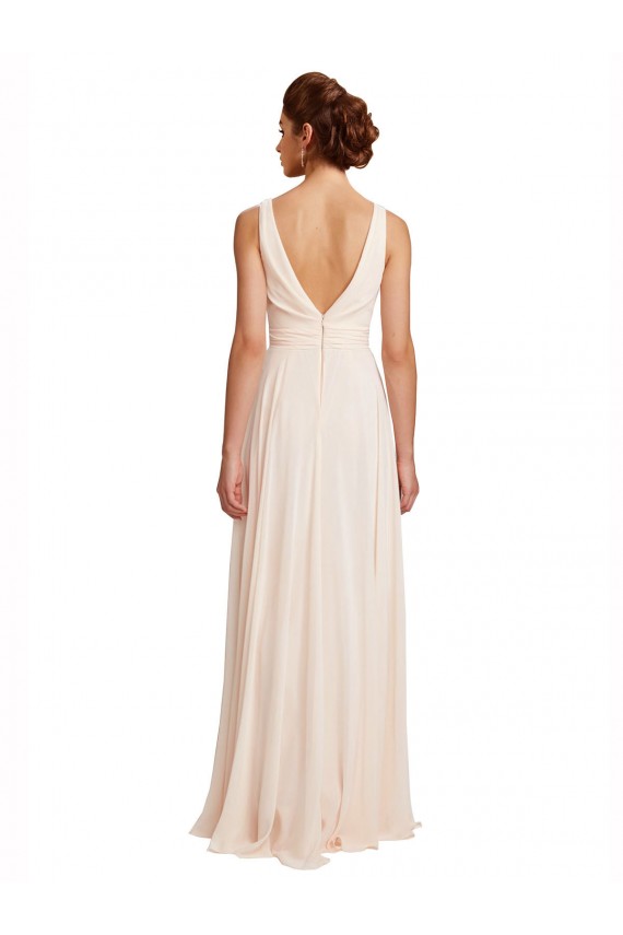 Boutique Rose crème Trapèze Bateau Col Haut Mousseline Longue Robes demoiselle d'honneur