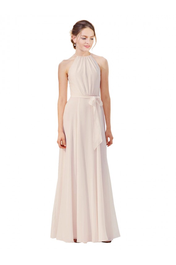 Boutique Rose crème Trapèze Bateau Col Haut Mousseline Longue Robes demoiselle d'honneur