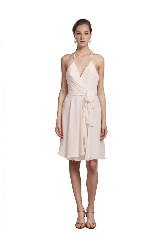Boutique Rose crème Trapèze Licou Col V Mousseline Courte Robes demoiselle d'honneur / Robes de cocktail