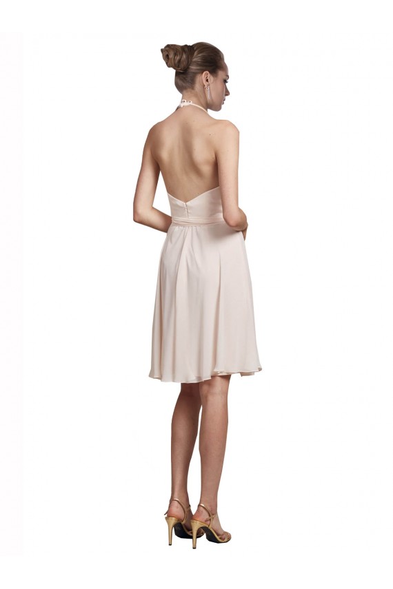 Boutique Rose crème Trapèze Licou Col V Mousseline Courte Robes demoiselle d'honneur / Robes de cocktail