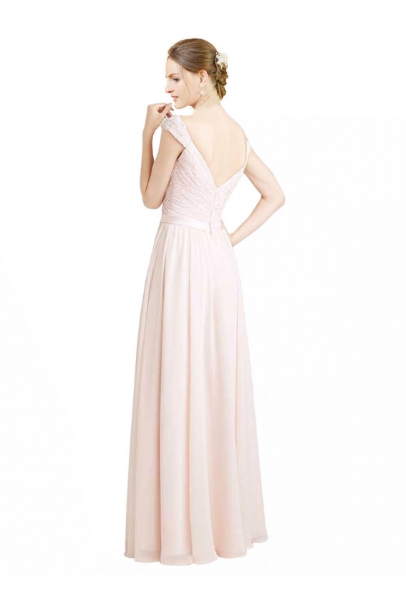 Boutique Rose crème Trapèze Mousseline Dentelle Longue Robes demoiselle d'honneur