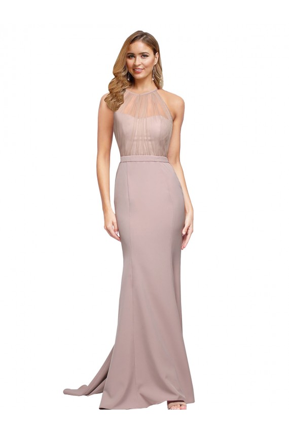 Boutique Rose poussiéreux Fourreau Col Haut Balayage train Crêpe Stretch Longue Formelles Robes demoiselle d'honneur / Robes de soirée / Robes de bal