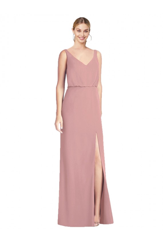 Boutique Rose poussiéreux Sirène Col V Mousseline Longue Robes demoiselle d'honneur