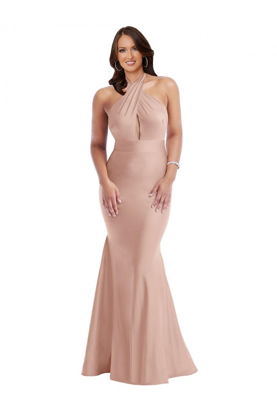 Boutique Rose poussiéreux Sirène Licou Satiné Soyeux Longue Formelles Robes demoiselle d'honneur / Robes de soirée / Robes de bal