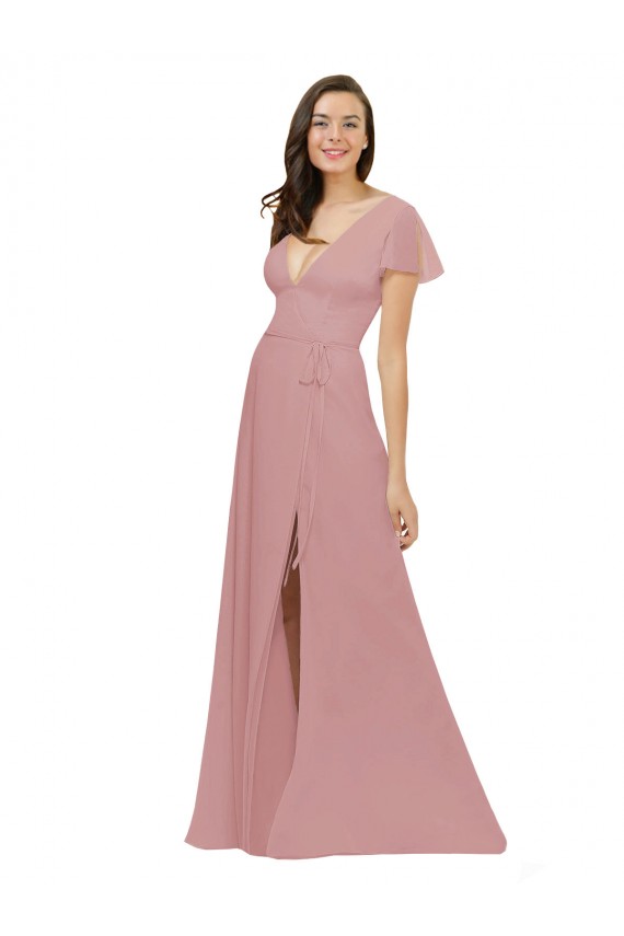 Boutique Rose poussiéreux Trapèze Col V Mousseline Longue Robes demoiselle d'honneur