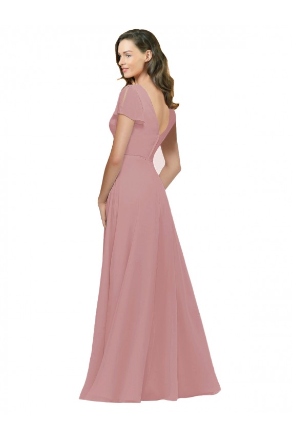 Boutique Rose poussiéreux Trapèze Col V Mousseline Longue Robes demoiselle d'honneur