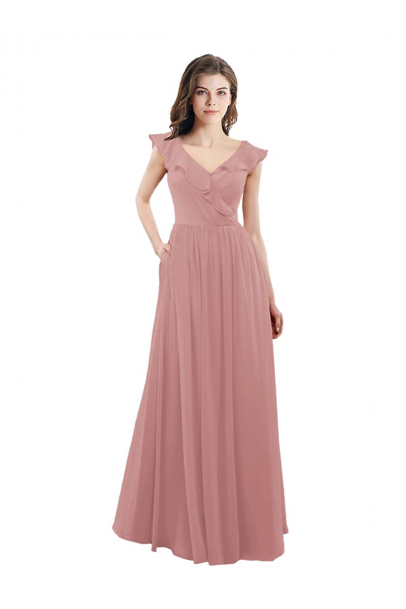 Boutique Rose poussiéreux Trapèze Col V Mousseline Longue Robes demoiselle d'honneur