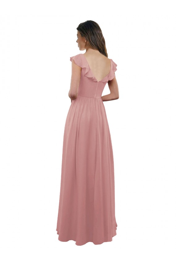 Boutique Rose poussiéreux Trapèze Col V Mousseline Longue Robes demoiselle d'honneur