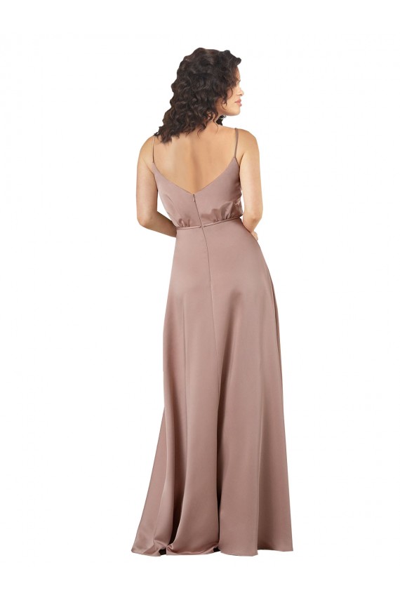 Boutique Rose poussiéreux Trapèze Col V Satiné Soyeux Longue Formelles Robes demoiselle d'honneur / Robes de soirée