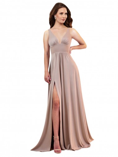 Boutique Rose poussiéreux Trapèze Col V Spandex Longue Formelles Robes demoiselle d'honneur / Robes de soirée / Robes de bal
