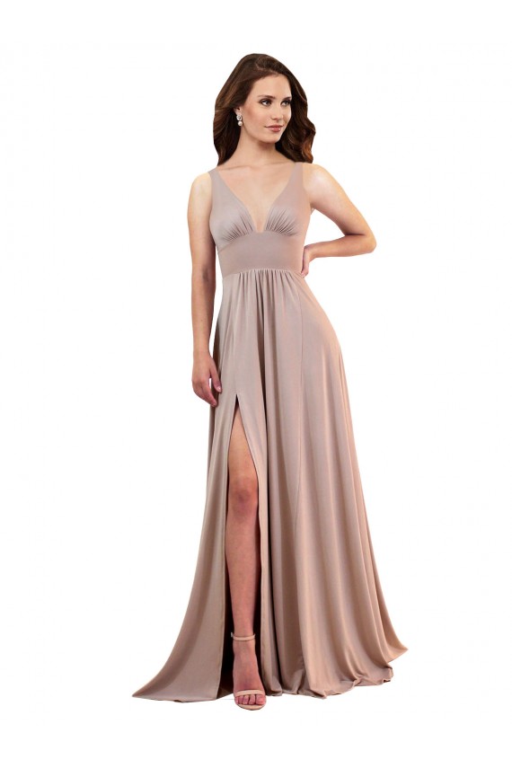 Boutique Rose poussiéreux Trapèze Col V Spandex Longue Formelles Robes demoiselle d'honneur / Robes de soirée / Robes de bal