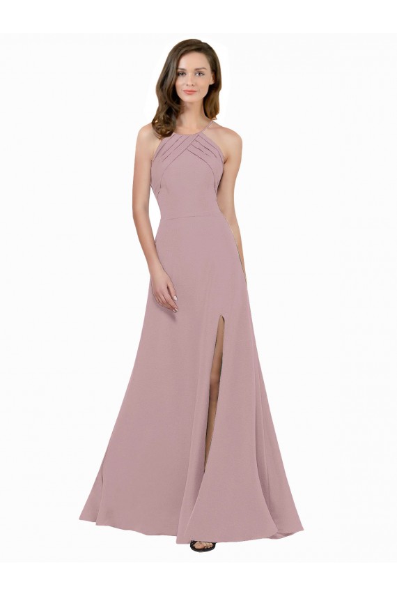 Boutique Rose poussiéreux Trapèze Col bijou Col Haut Crêpe Stretch Longue Robes demoiselle d'honneur / Robes de bal