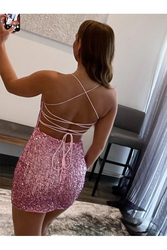 Boutique Rose vif Fourreau Bretelles spaghetti Courte Paillettes Velours Courte Robes de bal