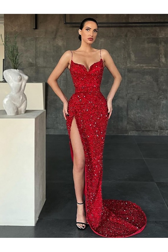 Boutique Rouge Fourreau Col V Balayage train Paillettes Velours Longue Robes de bal