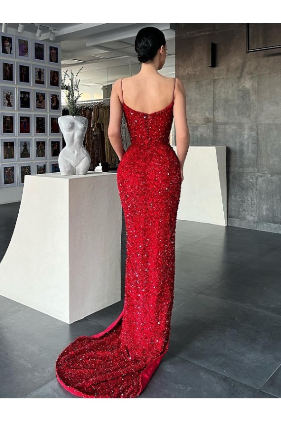 Boutique Rouge Fourreau Col V Balayage train Paillettes Velours Longue Robes de bal