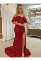 Boutique Rouge Fourreau Épaule Dénudée Traîne moyenne Paillettes Velours Longue Robes de bal