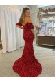 Boutique Rouge Fourreau Épaule Dénudée Traîne moyenne Paillettes Velours Longue Robes de bal