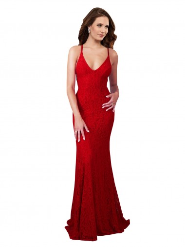 Boutique Rouge Sirène Col V Dentelle Longue Formelles Robes demoiselle d'honneur / Robes de soirée / Robes de bal