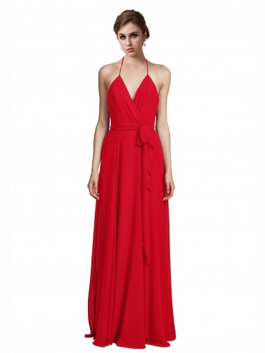 Boutique Rouge Trapèze Bretelles spaghetti Col V Mousseline Longue Robes demoiselle d'honneur