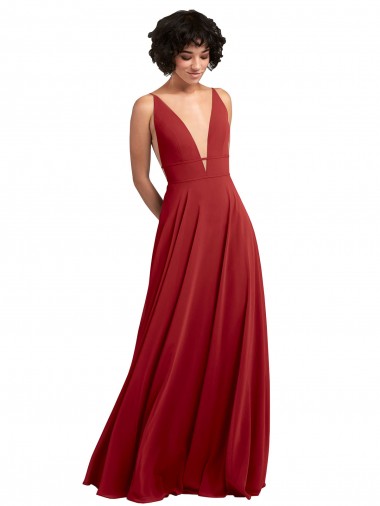 Boutique Rouge Trapèze Col V Mousseline Longue Robes demoiselle d'honneur