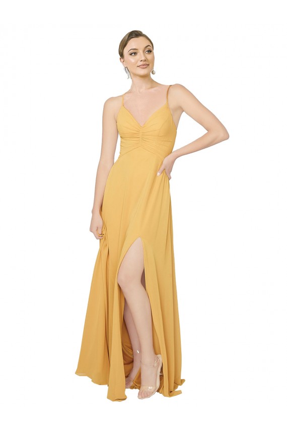 Boutique Safran Trapèze Col V Mousseline Longue Robes demoiselle d'honneur