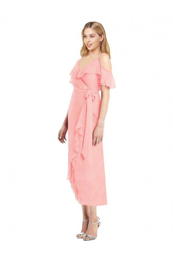 Boutique Saumon Trompette Bretelles spaghetti Col V Mousseline Courte Asymétrique Robes demoiselle d'honneur