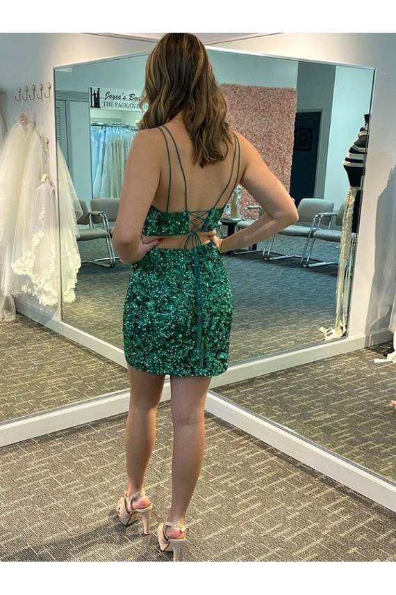 Boutique Shamrock Vert Fourreau Col V Courte Paillettes Velours Courte Robes de bal