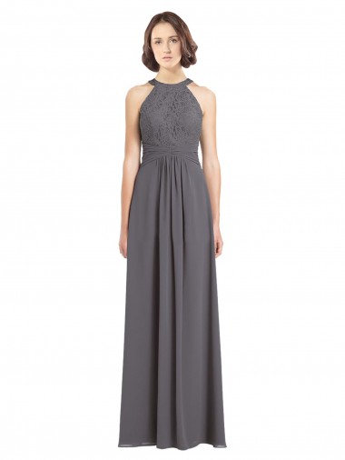 Boutique Stormy Silver Trapèze Licou Mousseline Dentelle Longue Robes demoiselle d'honneur